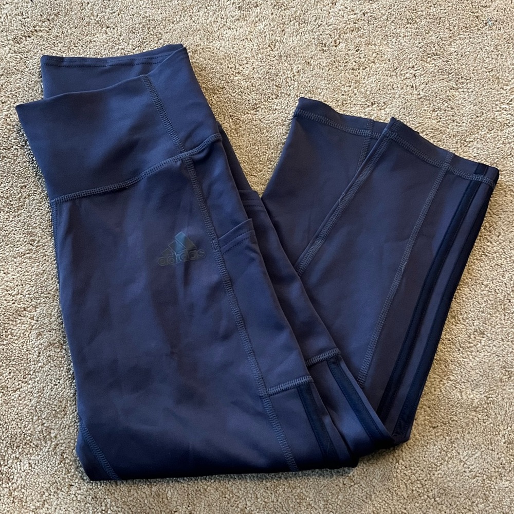 Adidas Tricot Capri Leggings, Charcoal w/ Black Signature Stripes - Has Pockets!